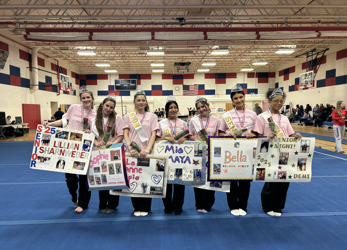 Gymastics seniors pose on senior night. / Image courtesy of Lola Jeanne Carpio